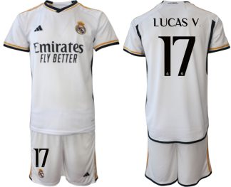 Poceni Moški Nogometni dresi Real Madrid Domači 2023-24 Kratek Rokav + Kratke hlače LUCAS V 17