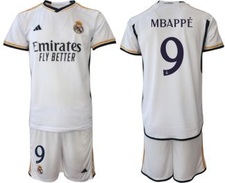 Poceni Moški Nogometni dresi Real Madrid Domači 2023-24 Kratek Rokav + Kratke hlače MBAPPÉ 9