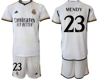 Poceni Moški Nogometni dresi Real Madrid Domači 2023-24 Kratek Rokav + Kratke hlače MENDY 23