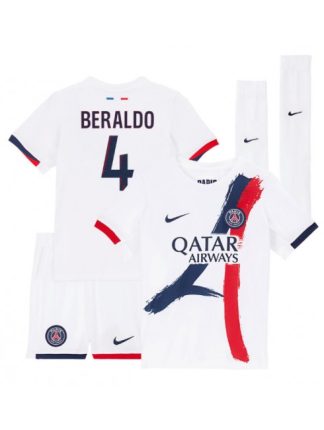 Otroški Nogometna dresi kompleti poceni Paris Saint-Germain Lucas Beraldo #4 Gostujoči 2025-26