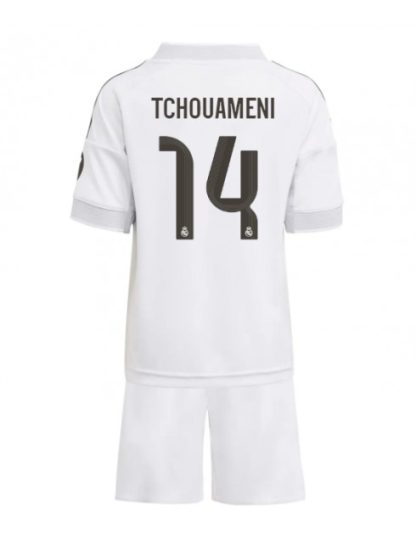 Otroški Nogometna dresi kompleti poceni Real Madrid Aurelien Tchouameni #14 Domači 2025-26