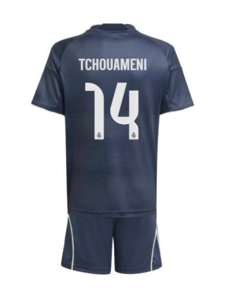 Otroški Nogometna dresi kompleti poceni Real Madrid Aurelien Tchouameni #14 Gostujoči 2025-26