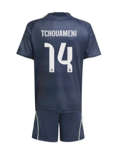 Otroški Nogometna dresi kompleti poceni Real Madrid Aurelien Tchouameni #14 Gostujoči 2025-26