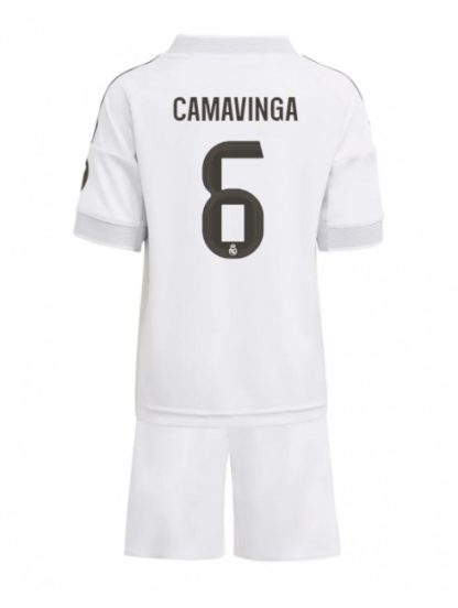 Otroški Nogometna dresi kompleti poceni Real Madrid Eduardo Camavinga #6 Domači 2025-26